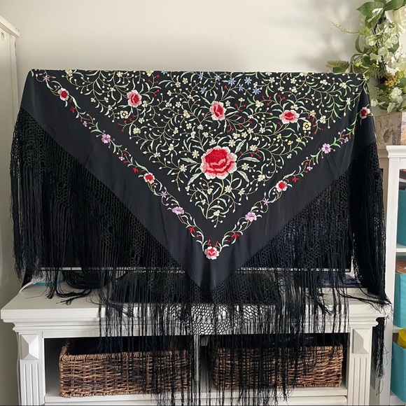 Vintage black embroidered piano shawl